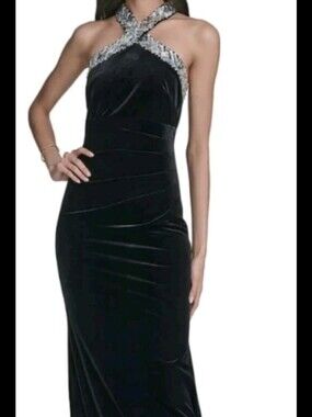 Eliza J Black Halter Gown with Silver Beaded Cross-Neck